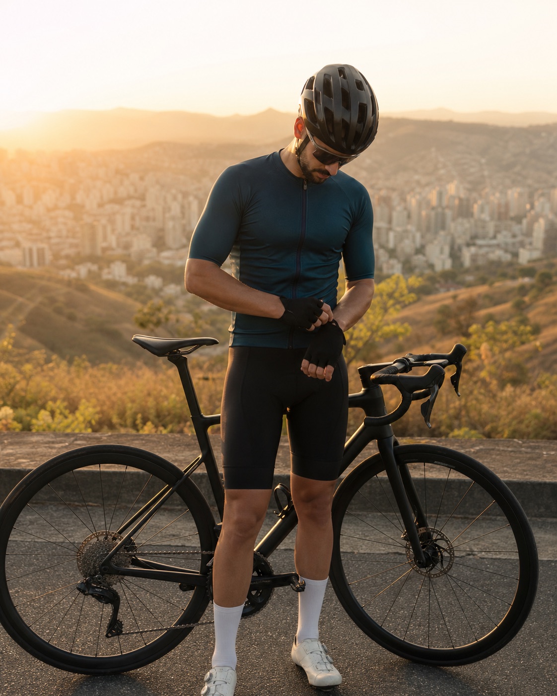 Ciclista parceiro preparando a bike antes do pedal em Belo Horizonte